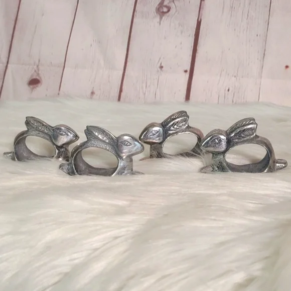 Vintage Pewter Silver Tone Rabbit Bunny Napkin Ring Set of Four Witchy Easter - Picture 5 of 17